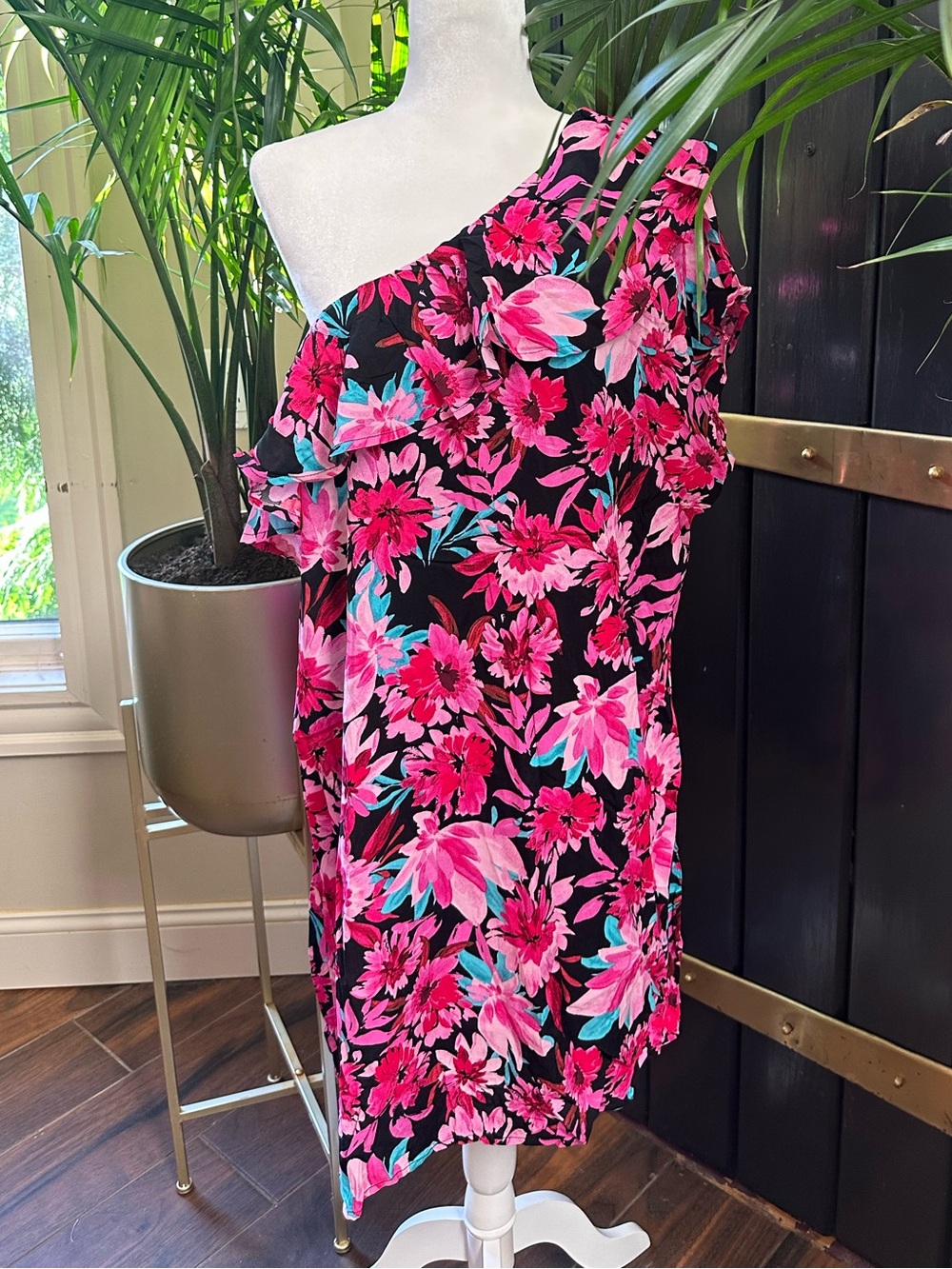 NWT EMILY WONDER One Shoulder Floral Ruffle Dress sundress Black Pink Plus Sz 1X